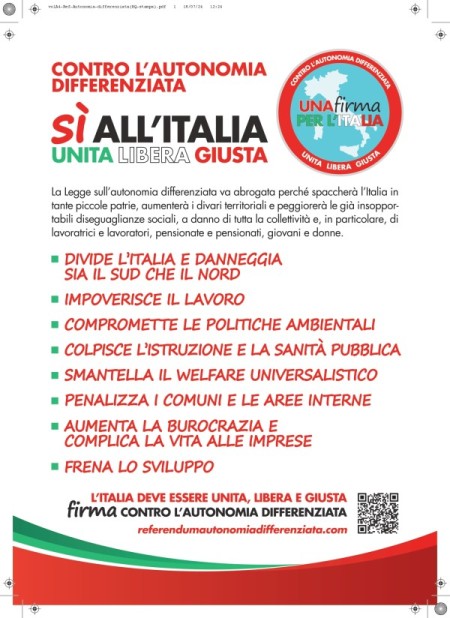 Contro l&#039;autonomia differenziata. Una firma per l&#039;Italia!. Firma On line
