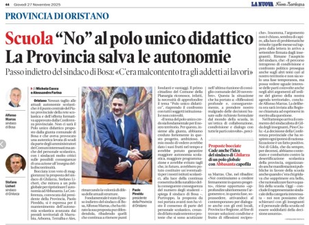 Oggi su La Nuova. Non al polo unico didattico. La Provincia salva le autonomie scolastiche. passo indiettro del Sindaco di Bosa: "C'era malumore tra gli addetti ai lavori"