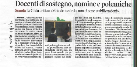 Oggi su La Nuova. Docenti di sostegno. nomine e polemiche. La Gilda critica: &quot;Metodo assurdo, non ci sono stabilizzazioni&quot;