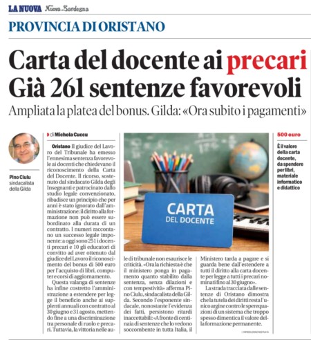Oggi su La Nuova. Carta Docente ai Precari. già 261 sentenze favorevoli
