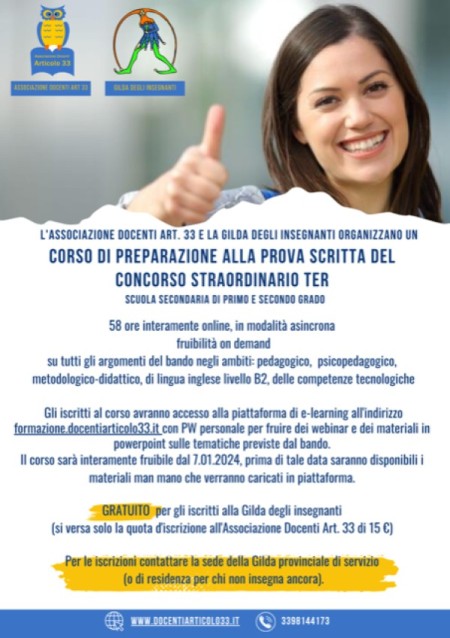 Corso on line di preparazione al Concorso Scuola Secondaria 2575 del 2023. Gratuito per gli iscritti Gilda. Come richiederlo. Scadenza 31 gennaio