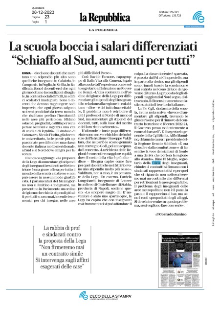 Oggi su Repubblica. La scuola boccia i salari differenziati. Schiaffo al sud, aumenti per tutti.