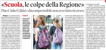 Oggi su La Nuova. Scuola, le colpe della Regione. Pino Ciulu (Gilda) Incomprensibile non aver fatto ricorso