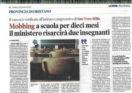 Oggi su La Nuova. Mobbing a scuola. Il Ministero risarcirà due insegnanti
