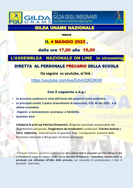 Assemblea Sindacale on line per i Precari. Giovedì 4 maggio ore 17