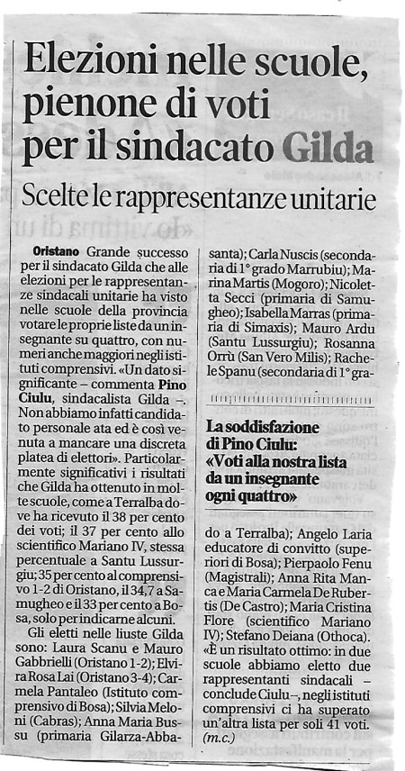Oggi su La Nuova Sardegna. Elezioni nelle scuole, pienone di voti per il sindacato Gilda